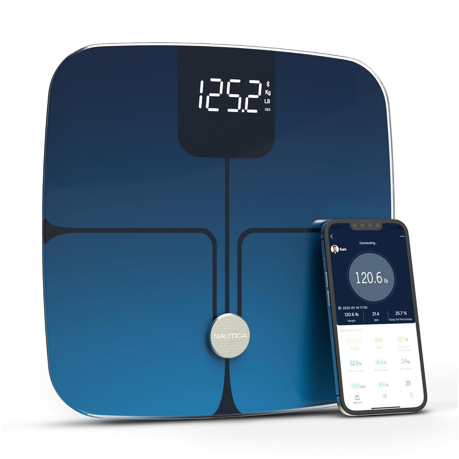 image:imageNautica Body Tracker Digital Bathroom Scale BluetoothEnabled Smart Scale with BMI Body Fat Muscle Mass Tracking amp More Syncs with Smartphone App for Body Composition Tracking 440 LbsNavy Blue