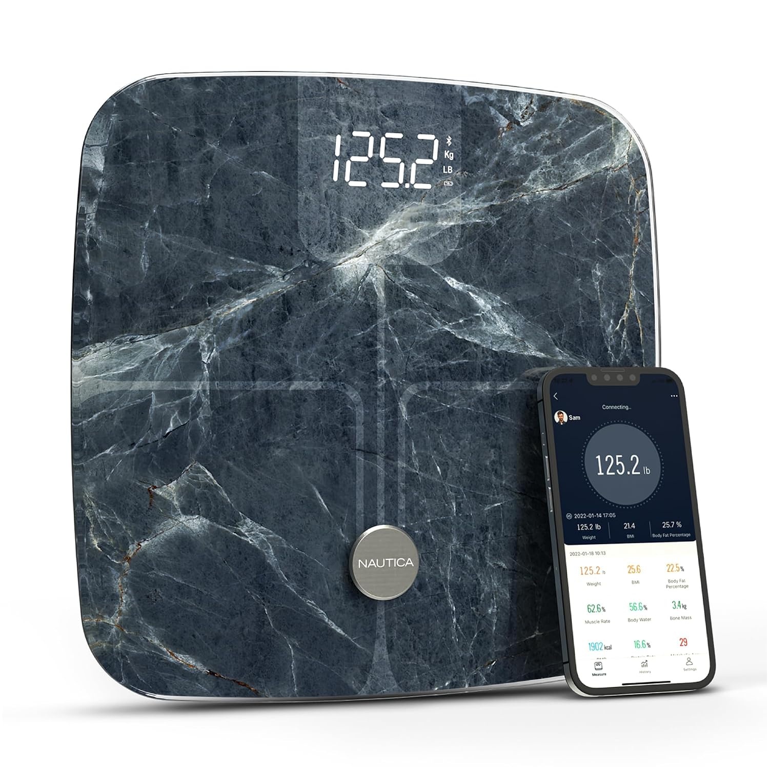 image:imageNautica Body Tracker Digital Bathroom Scale BluetoothEnabled Smart Scale with BMI Body Fat Muscle Mass Tracking amp More Syncs with Smartphone App for Body Composition Tracking 440 LbsAqua Stone