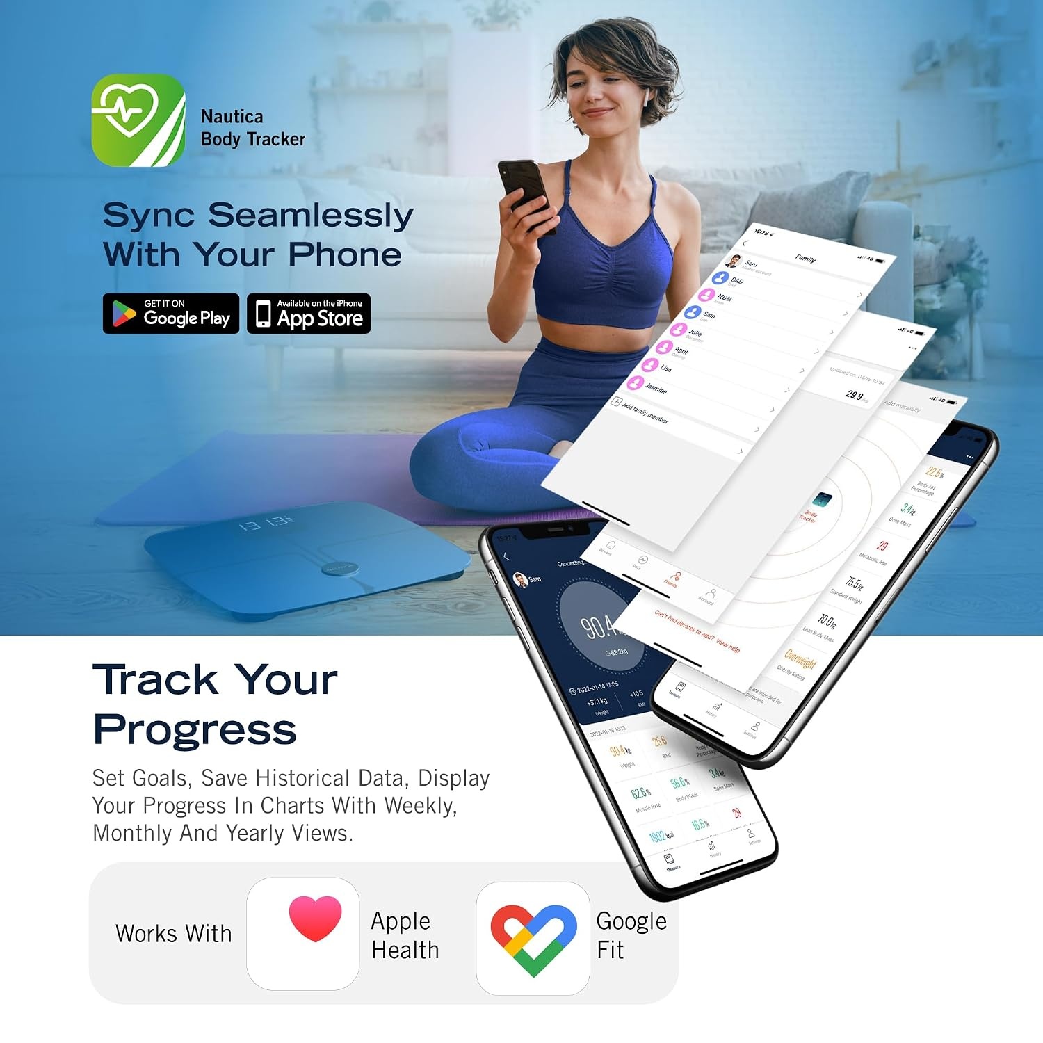 image:imageNautica Body Tracker Digital Bathroom Scale BluetoothEnabled Smart Scale with BMI Body Fat Muscle Mass Tracking amp More Syncs with Smartphone App for Body Composition Tracking 440 LbsBlack Stone