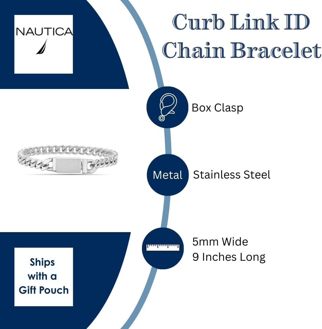 image:imageNautica Curb Link Chain Stainless Steel Bracelet for Men ID Bar Clasp Sailboat Logo5 MM