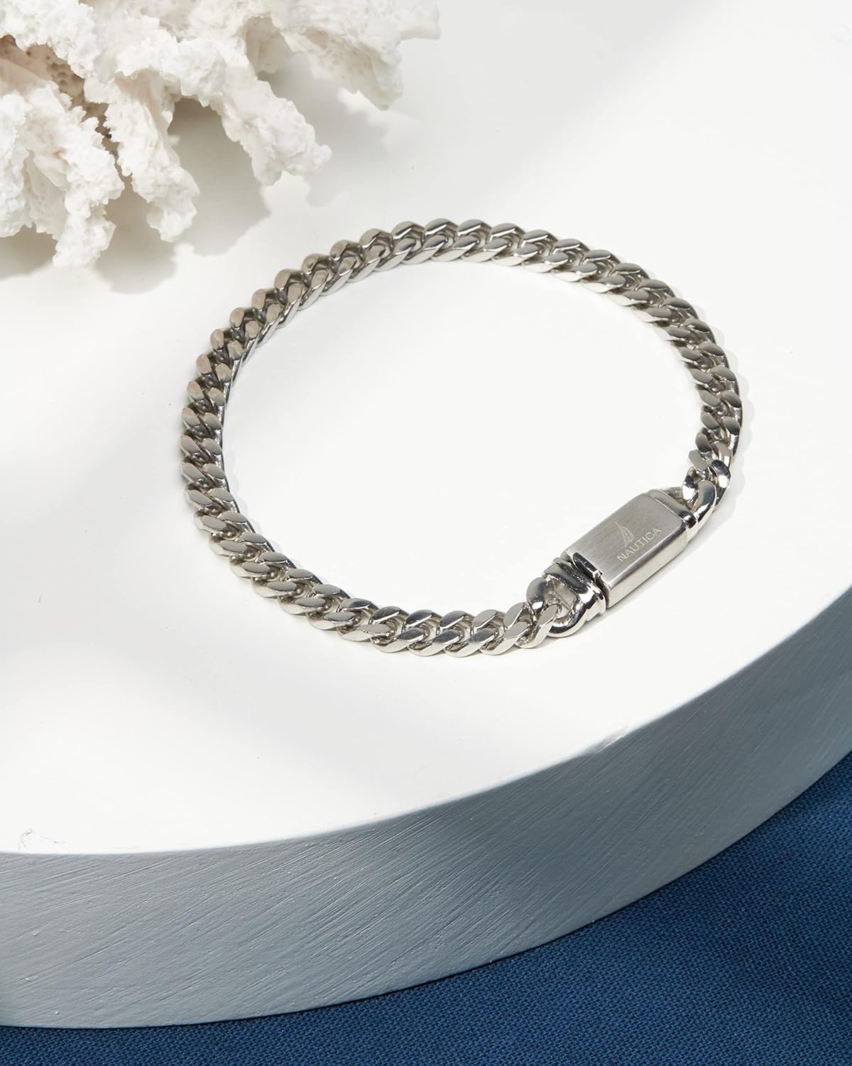 image:imageNautica Curb Link Chain Stainless Steel Bracelet for Men ID Bar Clasp Sailboat Logo5 MM
