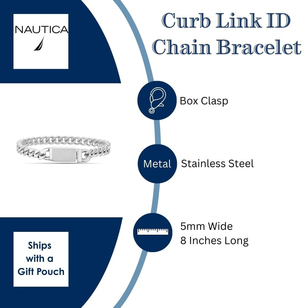 image:imageNautica Curb Link Chain Stainless Steel Bracelet for Men ID Bar Clasp Sailboat Logo5 MM