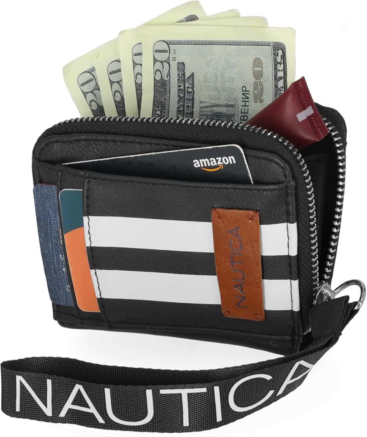 image:imageNautica Everglades Small Wallet for Women Compact Thin Wristlet Credit Card Wallet with ID Window Zippered Coin Purse BlackBlack RacingStripe