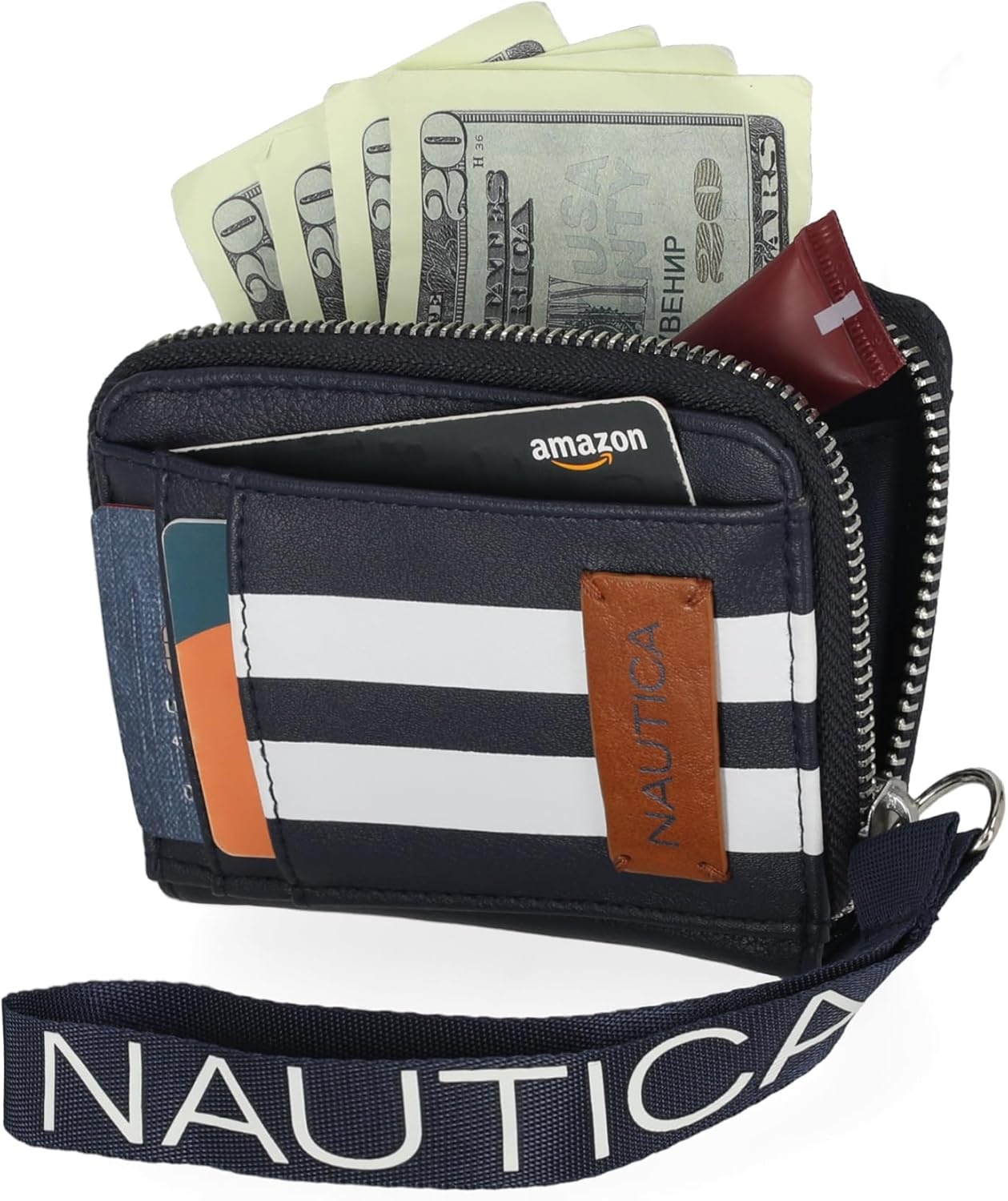 image:imageNautica Everglades Small Wallet for Women Compact Thin Wristlet Credit Card Wallet with ID Window Zippered Coin Purse BlackIndigo RacingStripe