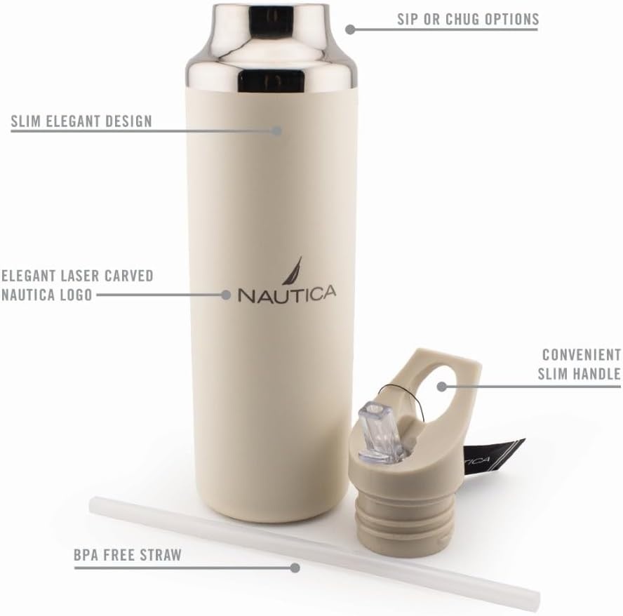 image:imageNautica Insulated 21oz Sleek Stainless Steel Water Bottle with Flip Lid Straw Leakproof BPAFree Wide Mouth Keeps Drinks Hot or Cold Sports Bottle Ideal for Gym Hiking and Travel BLACKTaupe