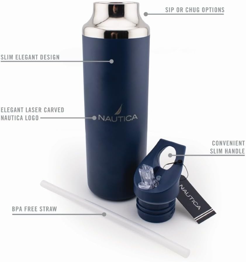 image:imageNautica Insulated 21oz Sleek Stainless Steel Water Bottle with Flip Lid Straw Leakproof BPAFree Wide Mouth Keeps Drinks Hot or Cold Sports Bottle Ideal for Gym Hiking and Travel BLACKNavy