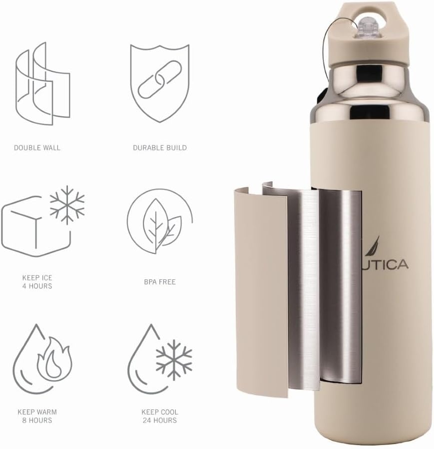 image:imageNautica Insulated 21oz Sleek Stainless Steel Water Bottle with Flip Lid Straw Leakproof BPAFree Wide Mouth Keeps Drinks Hot or Cold Sports Bottle Ideal for Gym Hiking and Travel BLACKTaupe
