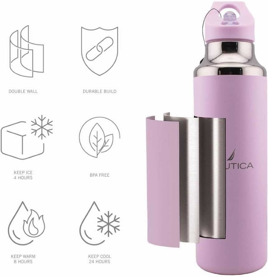 image:imageNautica Insulated 21oz Sleek Stainless Steel Water Bottle with Flip Lid Straw Leakproof BPAFree Wide Mouth Keeps Drinks Hot or Cold Sports Bottle Ideal for Gym Hiking and Travel BLACKPASTEL PINK