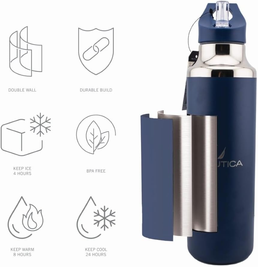 image:imageNautica Insulated 21oz Sleek Stainless Steel Water Bottle with Flip Lid Straw Leakproof BPAFree Wide Mouth Keeps Drinks Hot or Cold Sports Bottle Ideal for Gym Hiking and Travel BLACKNavy
