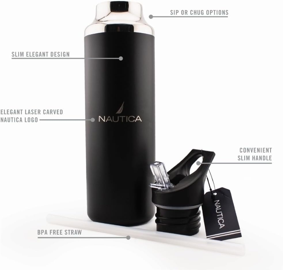 image:imageNautica Insulated 21oz Sleek Stainless Steel Water Bottle with Flip Lid Straw Leakproof BPAFree Wide Mouth Keeps Drinks Hot or Cold Sports Bottle Ideal for Gym Hiking and Travel BLACKBlack