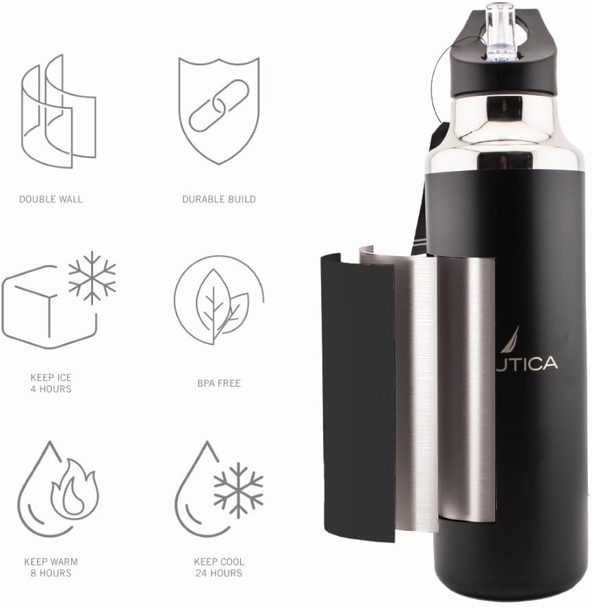 image:imageNautica Insulated 21oz Sleek Stainless Steel Water Bottle with Flip Lid Straw Leakproof BPAFree Wide Mouth Keeps Drinks Hot or Cold Sports Bottle Ideal for Gym Hiking and Travel BLACKBlack