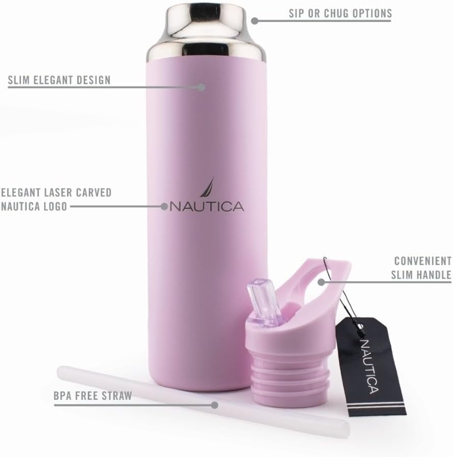 image:imageNautica Insulated 21oz Sleek Stainless Steel Water Bottle with Flip Lid Straw Leakproof BPAFree Wide Mouth Keeps Drinks Hot or Cold Sports Bottle Ideal for Gym Hiking and Travel BLACKPASTEL PINK