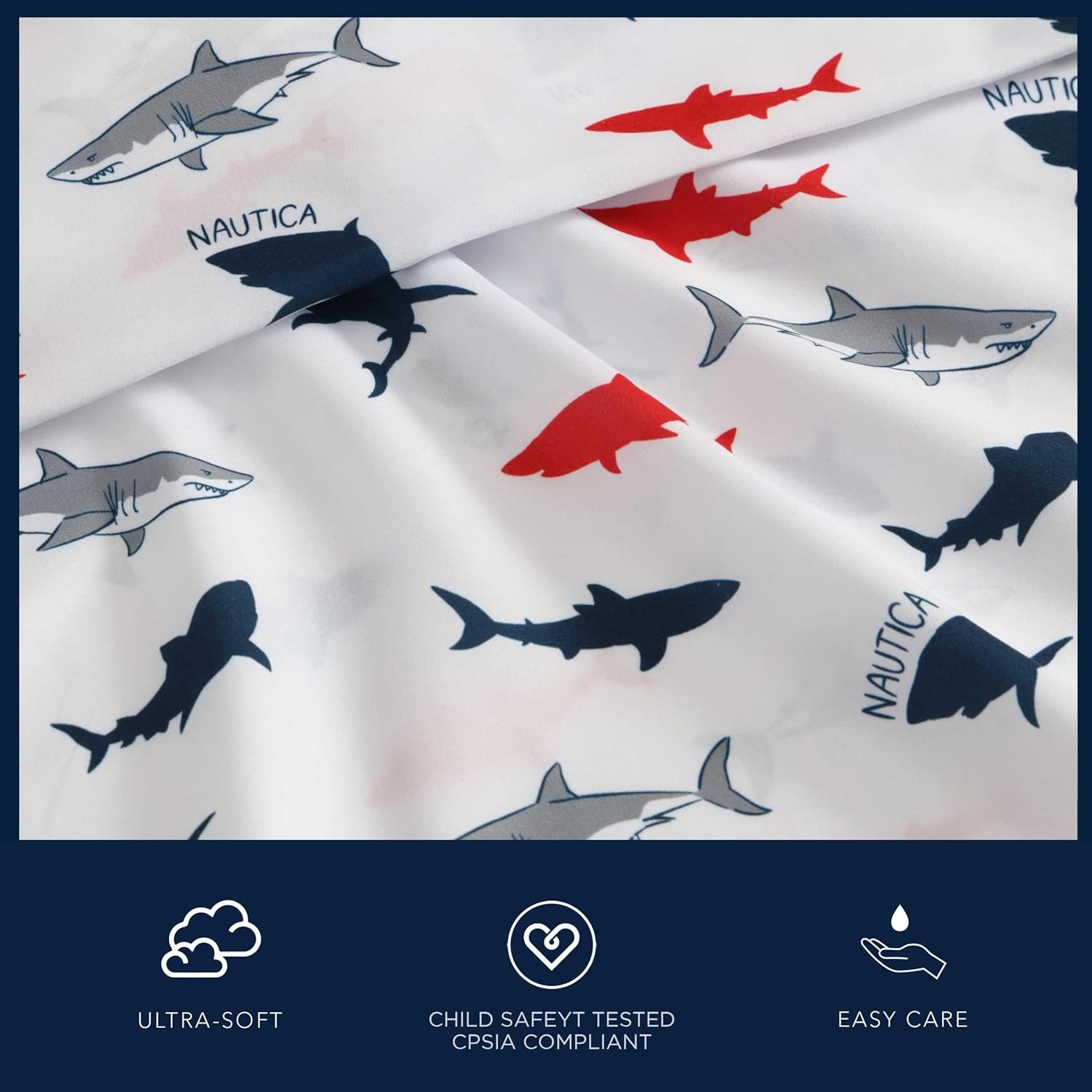 image:imageNautica Kids Twin XL Sheet Set UltraSoft Microfiber Bedding with Fully Elastic Fitted Sheet Coastal Kids Bed Set with Pillowcase Easy Care Bedding Caspian WhalesBranson Sharks Navy