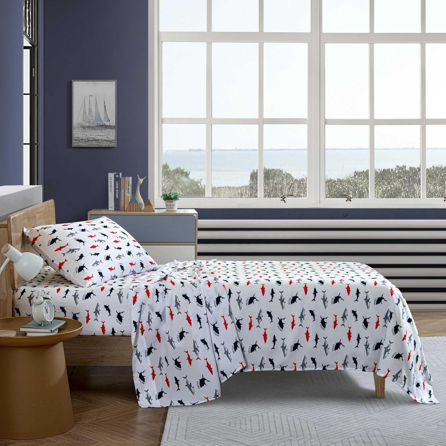 image:imageNautica Kids Twin XL Sheet Set UltraSoft Microfiber Bedding with Fully Elastic Fitted Sheet Coastal Kids Bed Set with Pillowcase Easy Care Bedding Caspian WhalesBranson Sharks Navy
