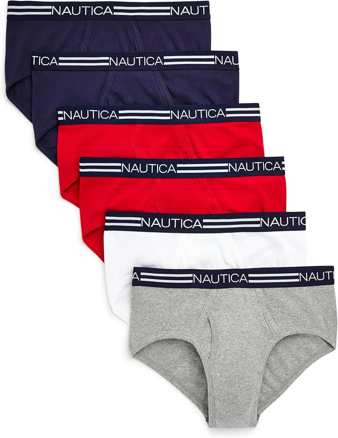 image:imageNautica Mens 6 Pack Classic Cotton Fly Front BriefsPeacoatNautica RedHeather GreyWhite 6 Pack