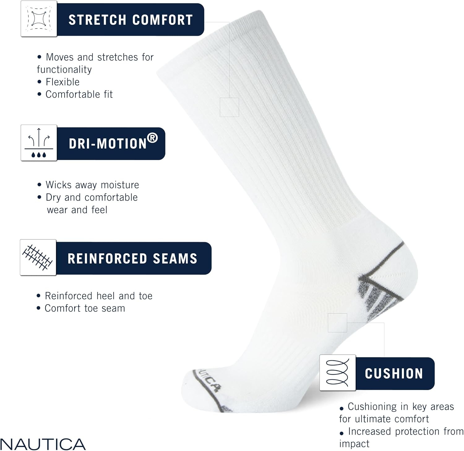 image:imageNautica Mens Athletic Crew Socks 5 Pack Moisture Wicking Cushioned Athletic Socks for Men with Reinforced Seams 6125Black