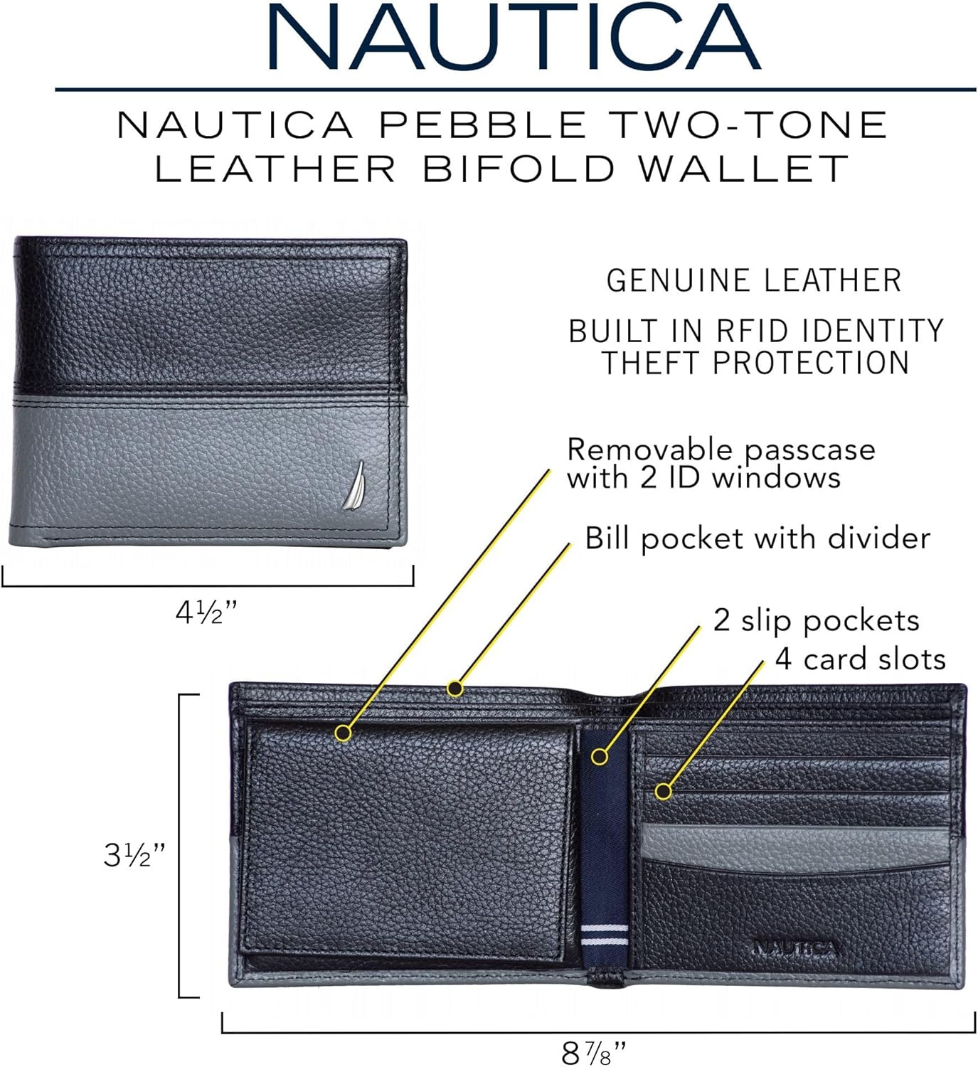image:imageNautica Mens Bifold Leather Wallet RFID Blocking ID Window Card Slots Organization Durable StylishCobalt Blue