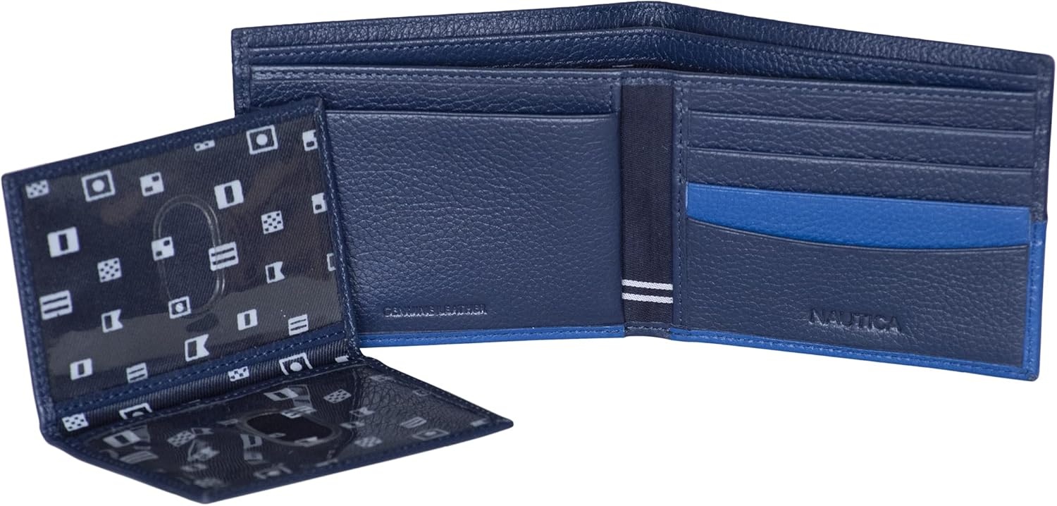 image:imageNautica Mens Bifold Leather Wallet RFID Blocking ID Window Card Slots Organization Durable StylishCobalt Blue