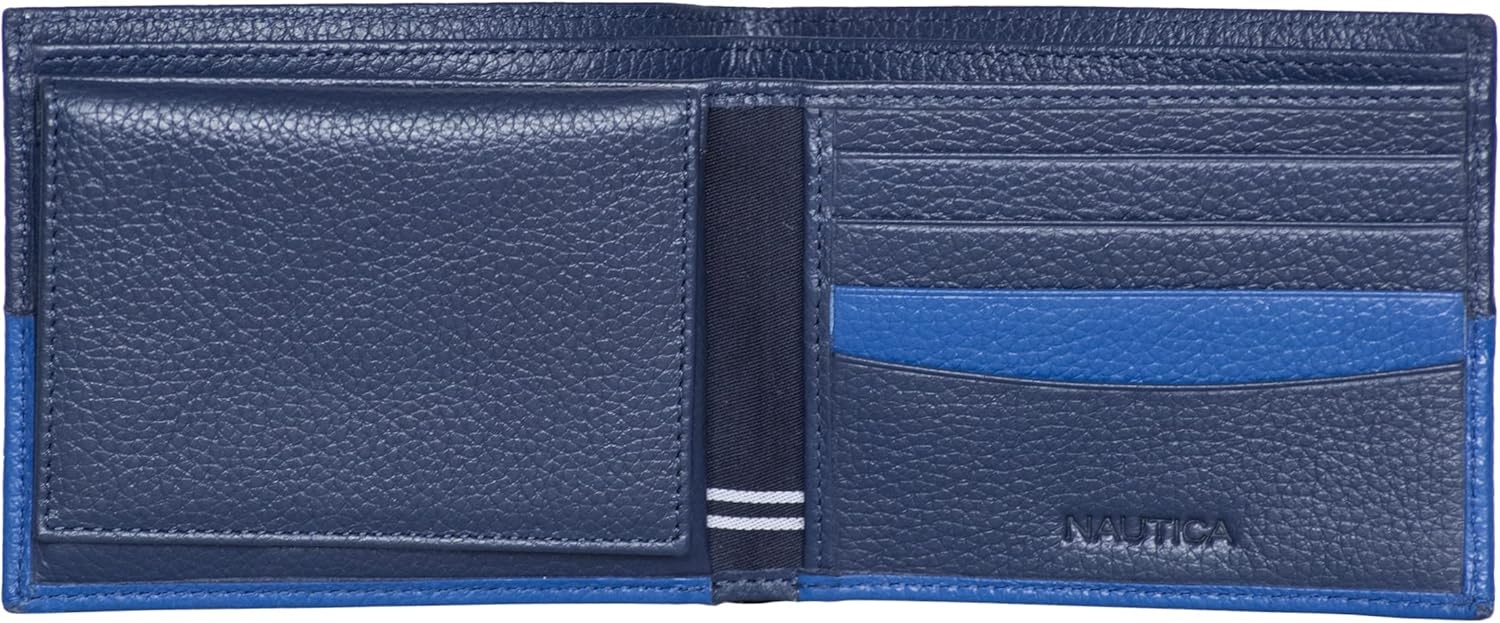 image:imageNautica Mens Bifold Leather Wallet RFID Blocking ID Window Card Slots Organization Durable StylishCobalt Blue