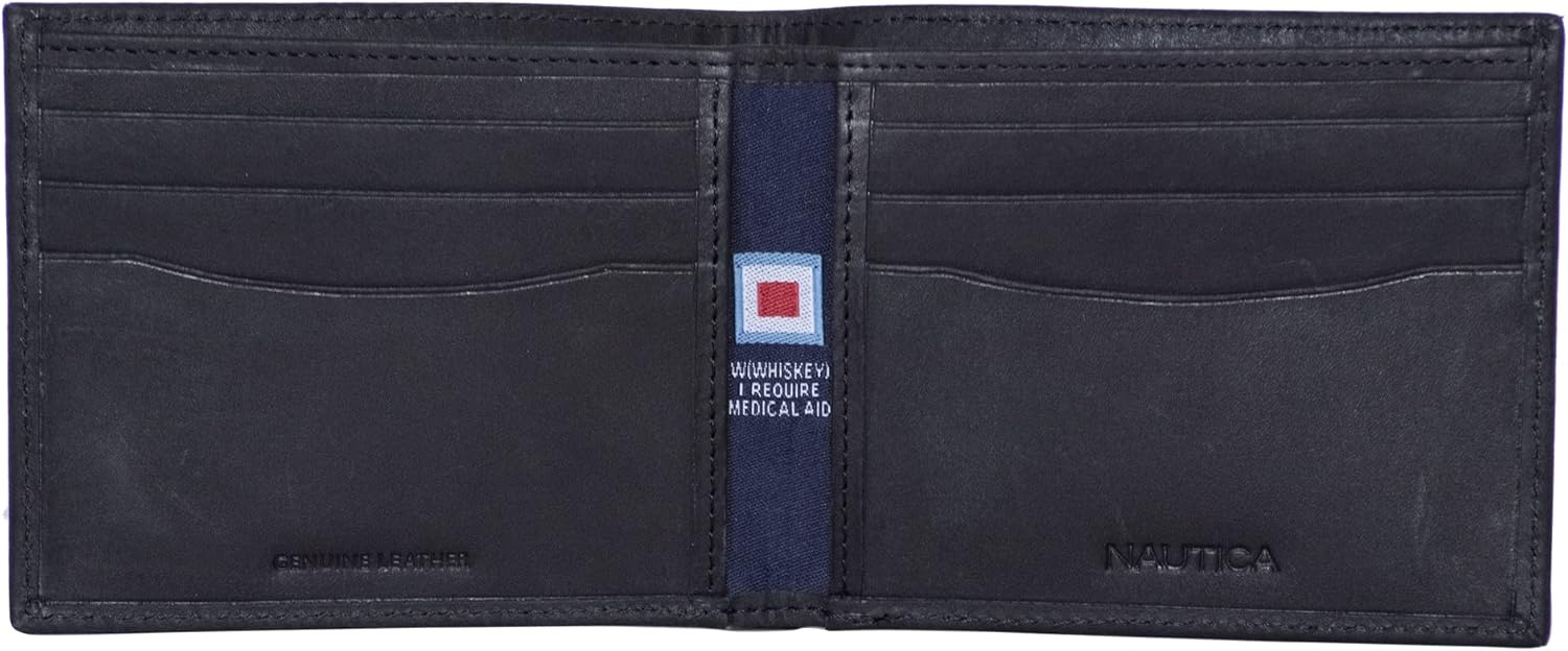 image:imageNautica Mens Bifold Leather Wallet RFID Blocking ID Window Card Slots Organization Durable StylishEmbossed Leather Black