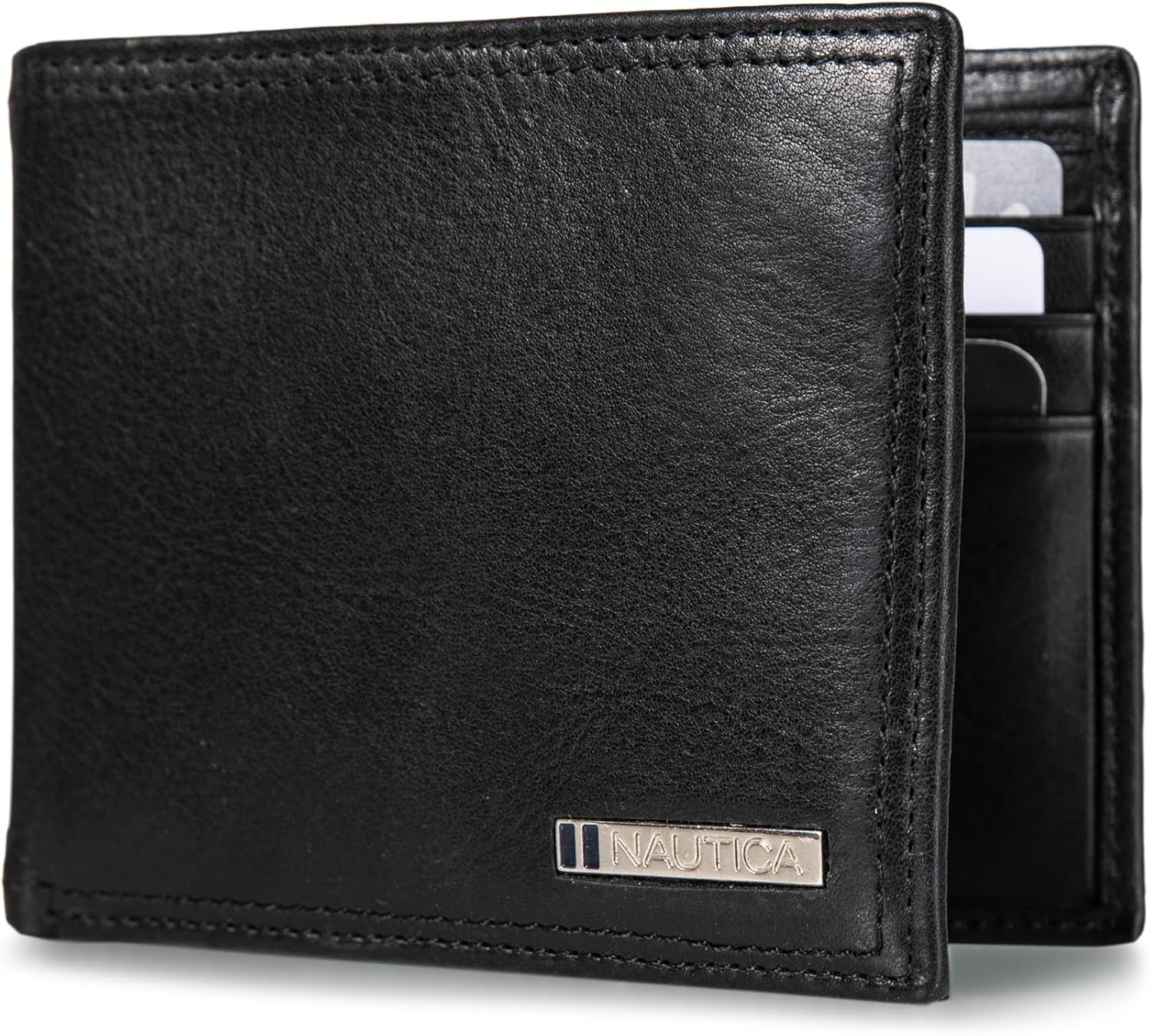 image:imageNautica Mens Bifold Leather Wallet RFID Blocking ID Window Card Slots Organization Durable StylishEnameled Logo Black