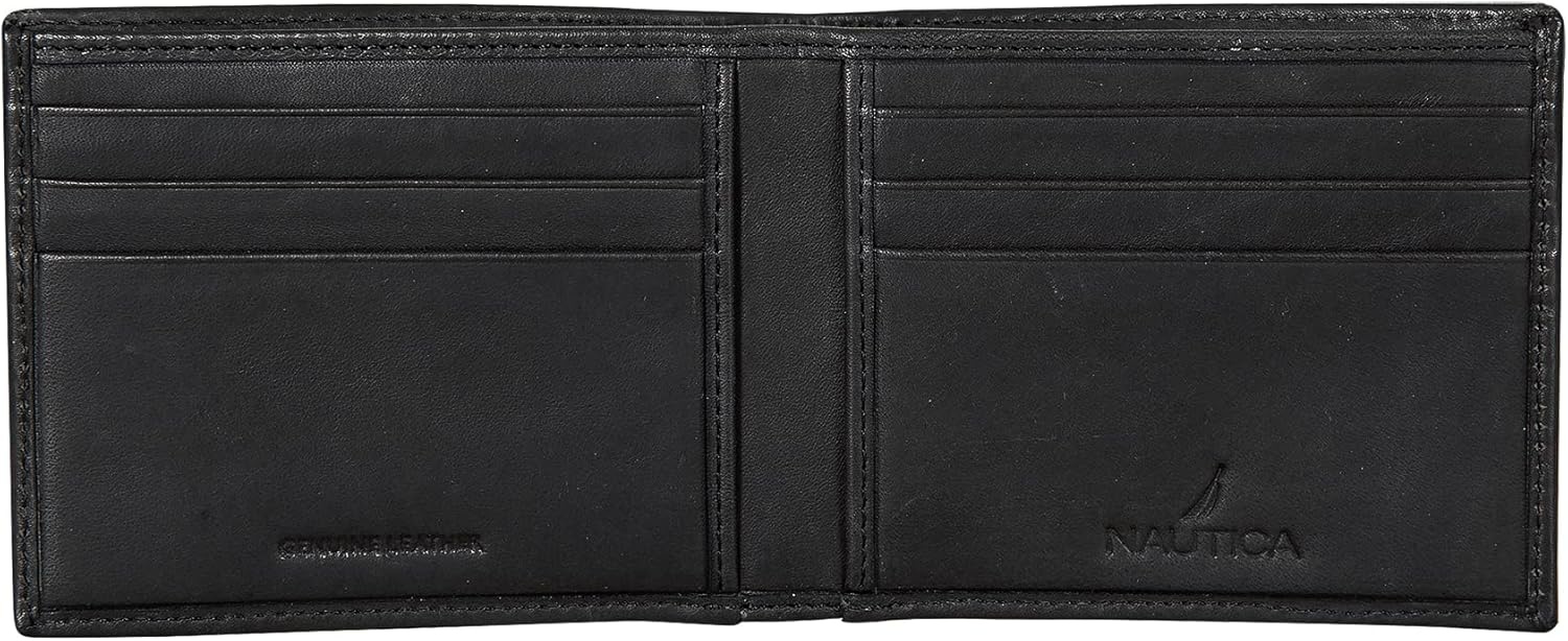 image:imageNautica Mens Bifold Leather Wallet RFID Blocking ID Window Card Slots Organization Durable StylishEnameled Logo Black