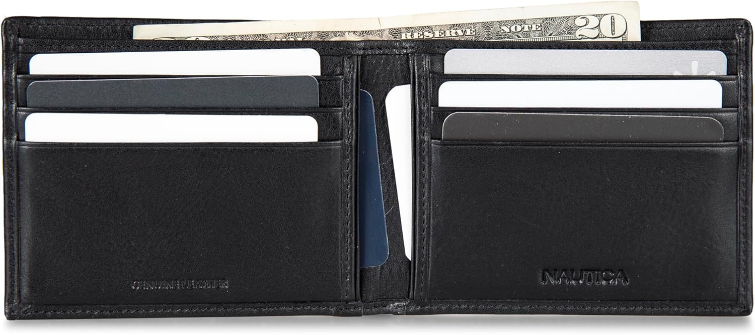 image:imageNautica Mens Bifold Leather Wallet RFID Blocking ID Window Card Slots Organization Durable StylishEnameled Logo Black