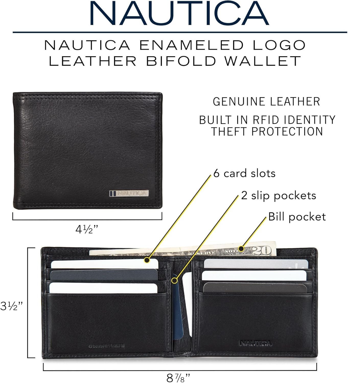 image:imageNautica Mens Bifold Leather Wallet RFID Blocking ID Window Card Slots Organization Durable StylishEnameled Logo Black
