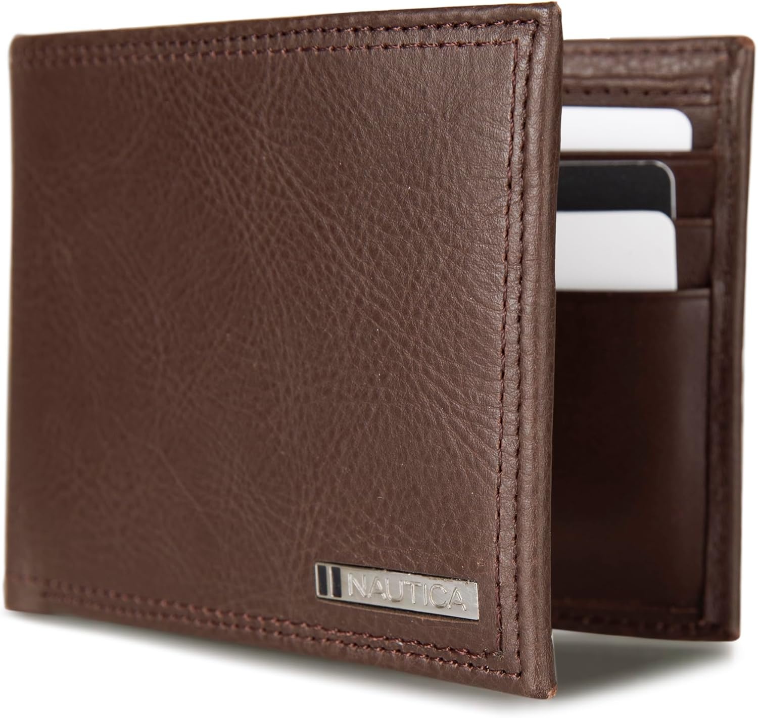 image:imageNautica Mens Bifold Leather Wallet RFID Blocking ID Window Card Slots Organization Durable StylishEnameled Logo Brown