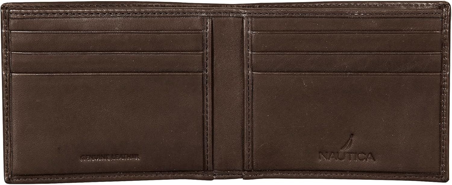 image:imageNautica Mens Bifold Leather Wallet RFID Blocking ID Window Card Slots Organization Durable StylishEnameled Logo Brown