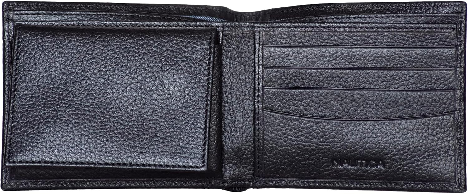 image:imageNautica Mens Bifold Leather Wallet RFID Blocking ID Window Card Slots Organization Durable StylishJClass Black