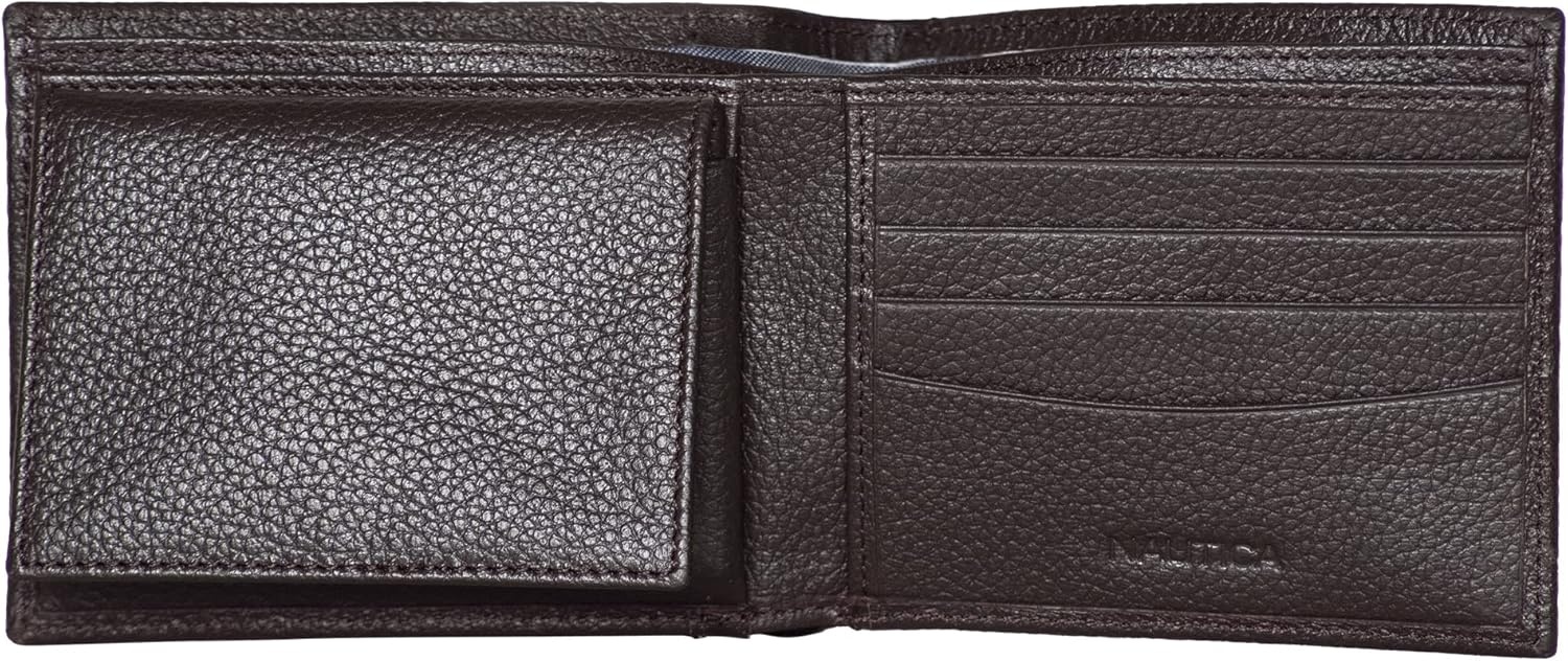 image:imageNautica Mens Bifold Leather Wallet RFID Blocking ID Window Card Slots Organization Durable StylishJClass Brown