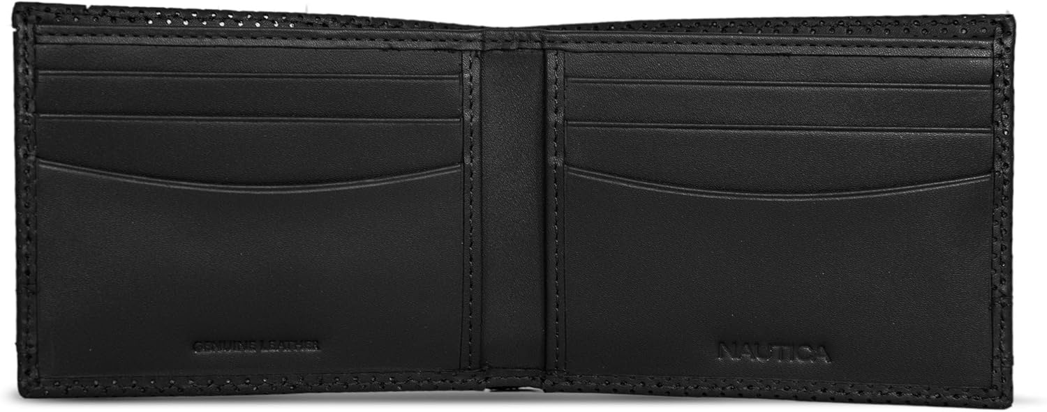 image:imageNautica Mens Bifold Leather Wallet RFID Blocking ID Window Card Slots Organization Durable StylishPerforated Black