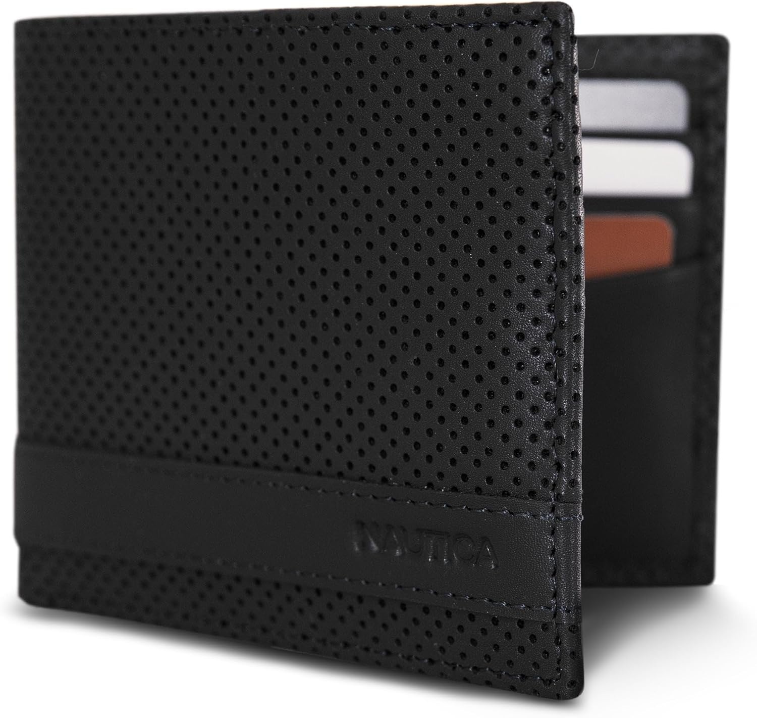 image:imageNautica Mens Bifold Leather Wallet RFID Blocking ID Window Card Slots Organization Durable StylishPerforated Black