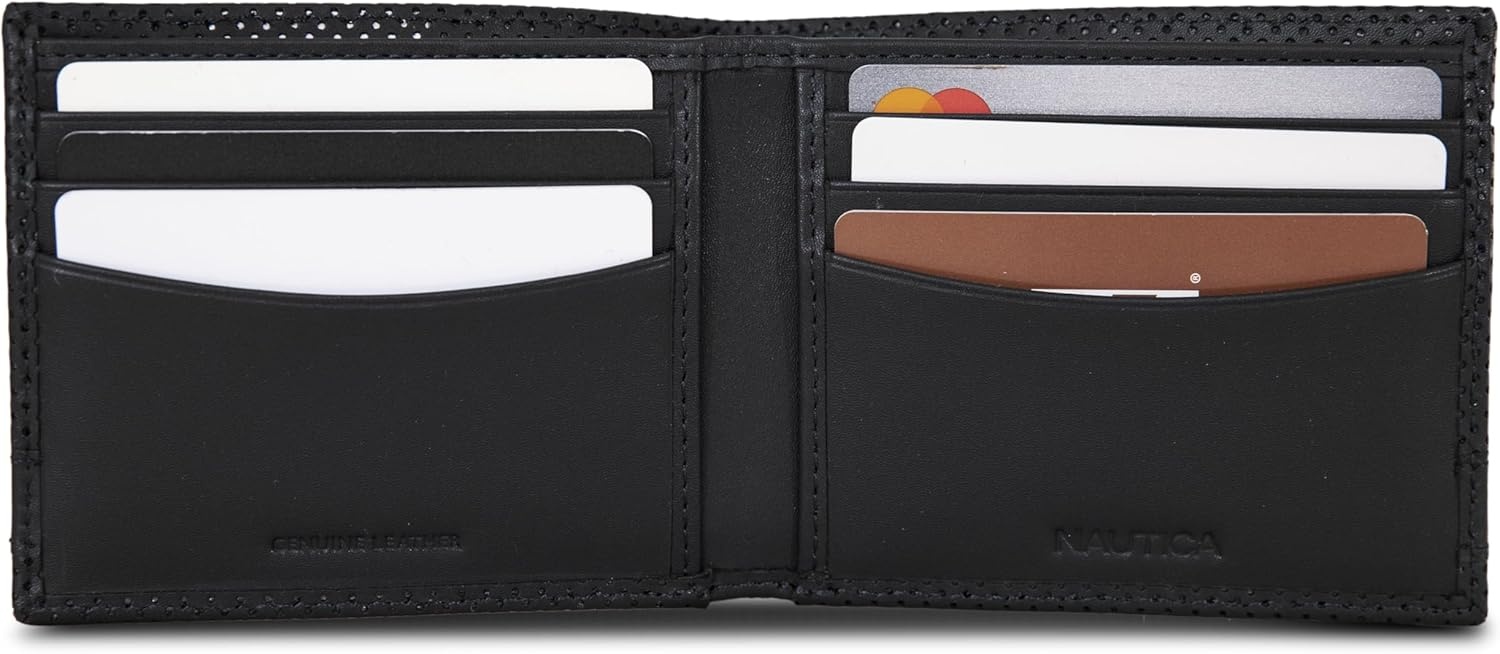 image:imageNautica Mens Bifold Leather Wallet RFID Blocking ID Window Card Slots Organization Durable StylishPerforated Black
