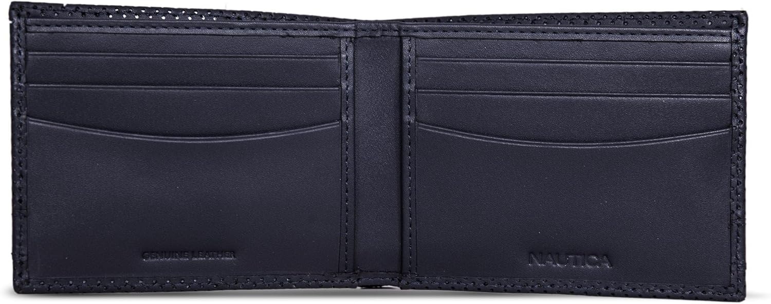 image:imageNautica Mens Bifold Leather Wallet RFID Blocking ID Window Card Slots Organization Durable StylishPerforated Navy