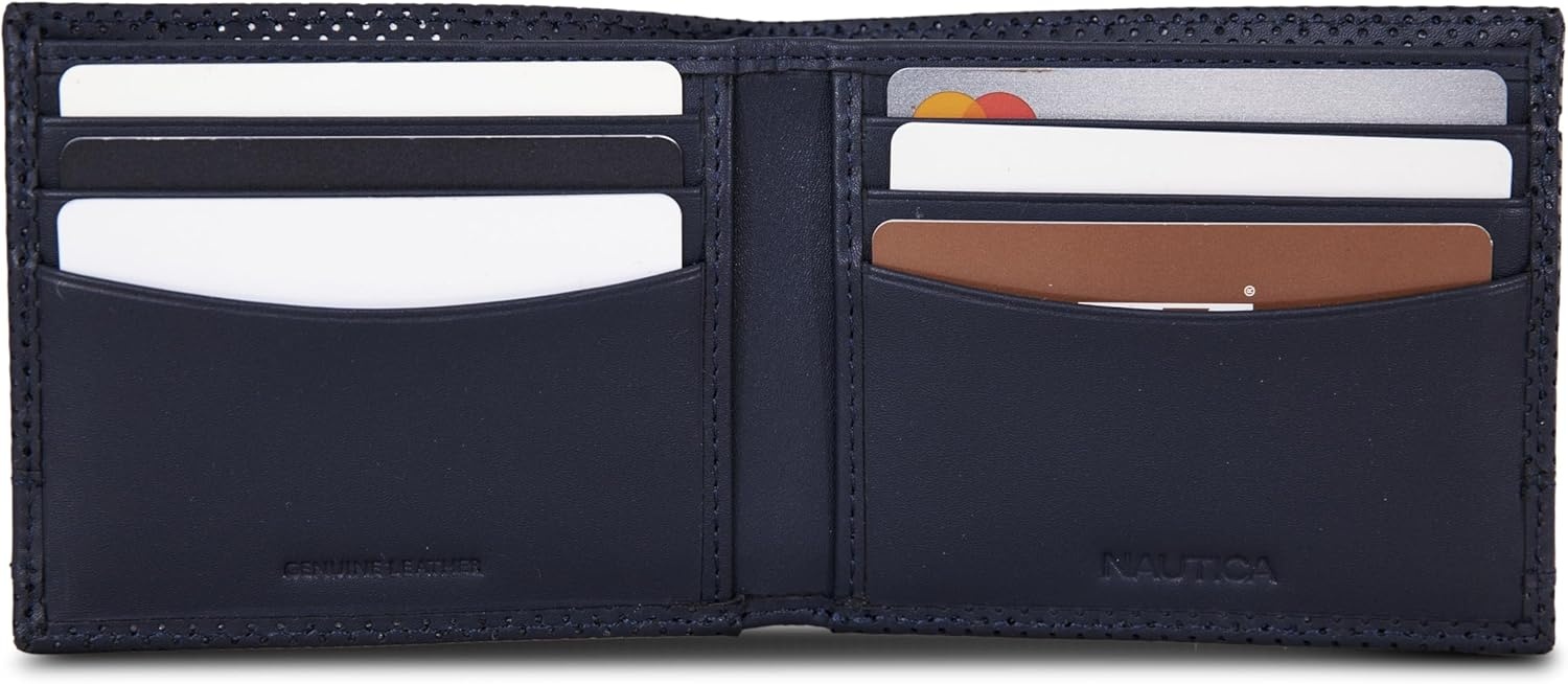 image:imageNautica Mens Bifold Leather Wallet RFID Blocking ID Window Card Slots Organization Durable StylishPerforated Navy