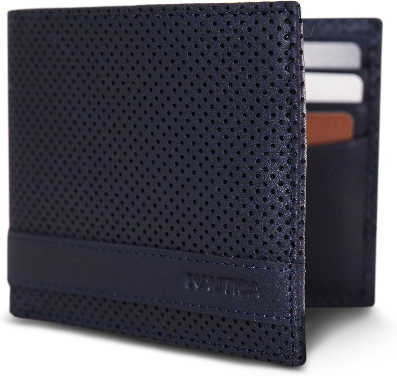 image:imageNautica Mens Bifold Leather Wallet RFID Blocking ID Window Card Slots Organization Durable StylishPerforated Navy
