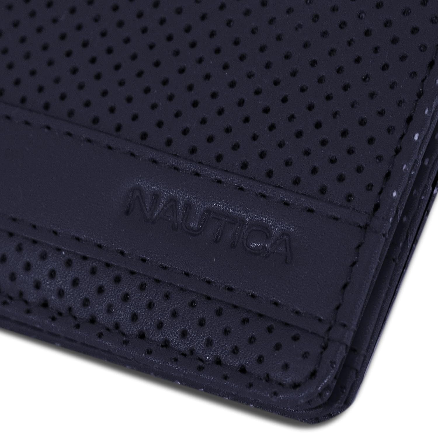 image:imageNautica Mens Bifold Leather Wallet RFID Blocking ID Window Card Slots Organization Durable StylishPerforated Navy