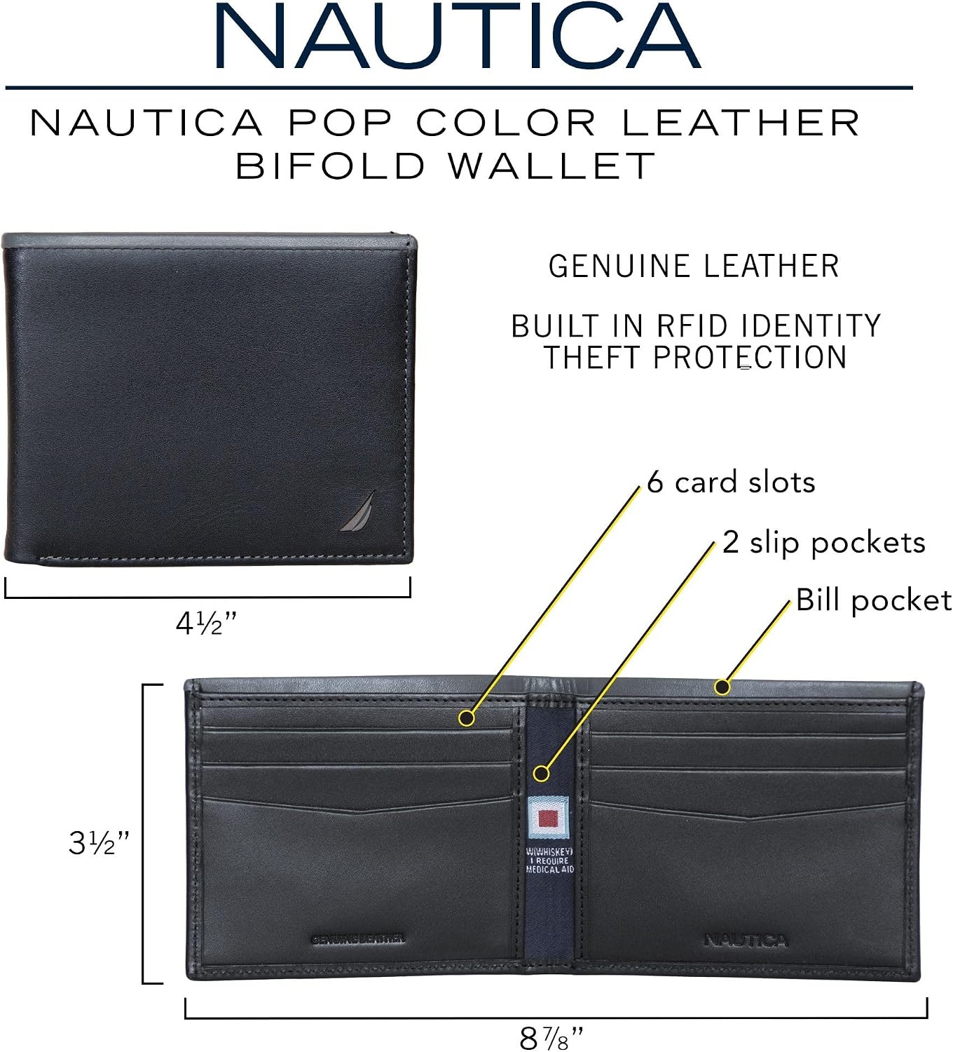 image:imageNautica Mens Bifold Leather Wallet RFID Blocking ID Window Card Slots Organization Durable StylishPop Color NavyRed