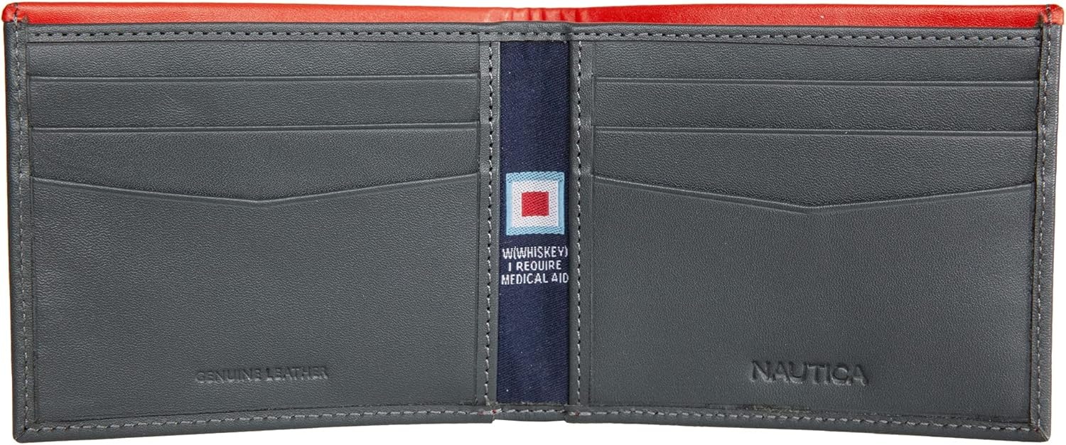 image:imageNautica Mens Bifold Leather Wallet RFID Blocking ID Window Card Slots Organization Durable StylishPop Color NavyRed