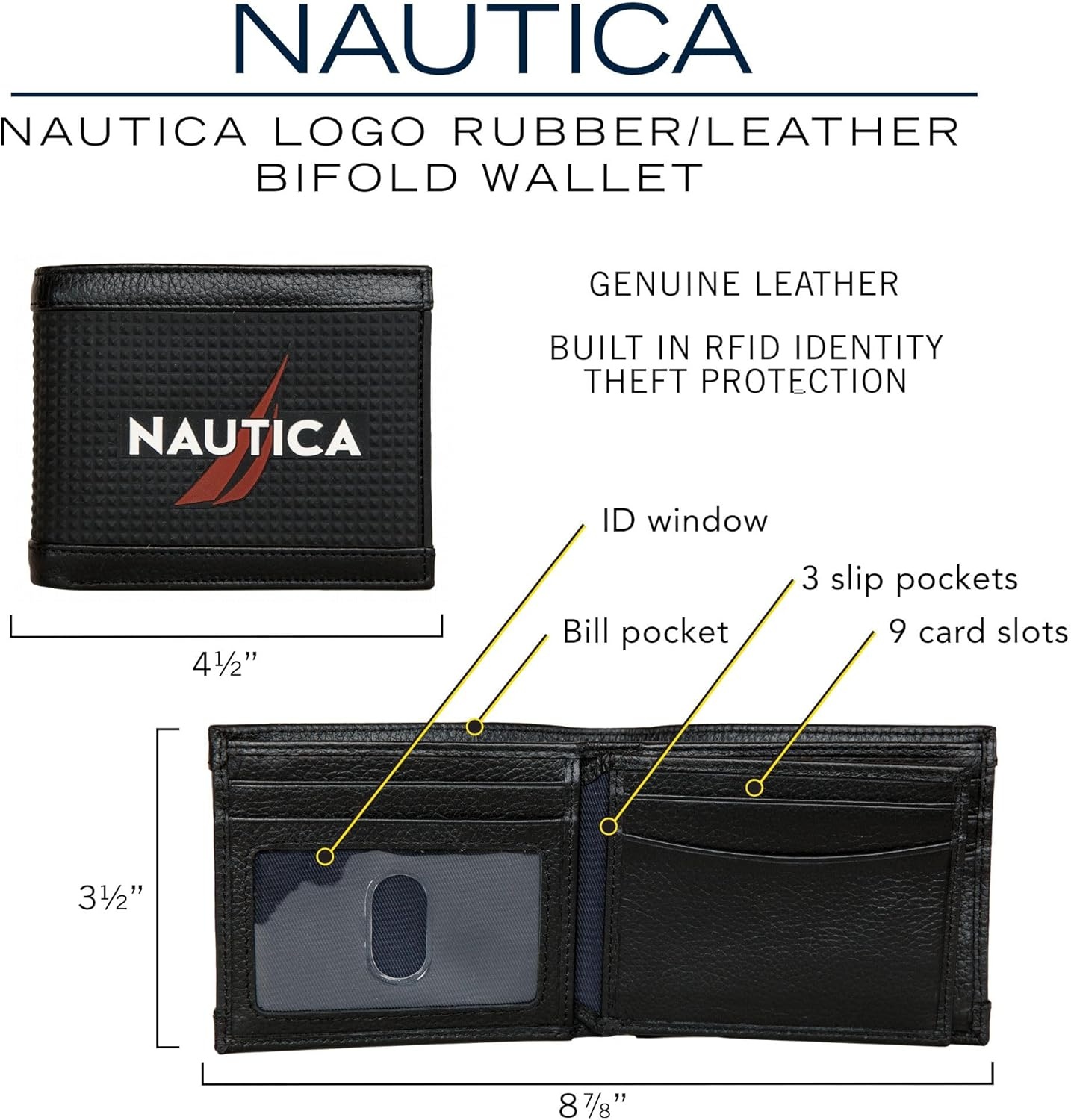 image:imageNautica Mens Bifold Leather Wallet RFID Blocking ID Window Card Slots Organization Durable StylishRubberLeather Black