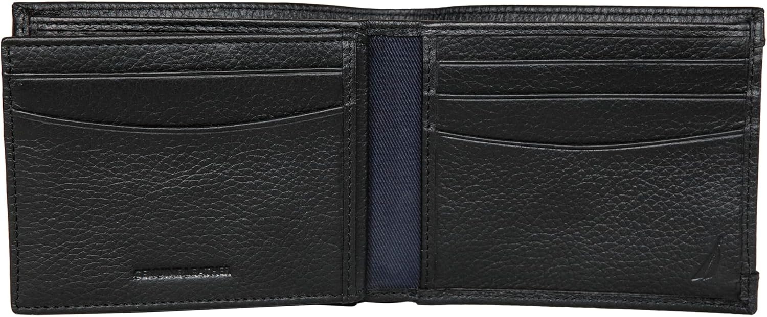 image:imageNautica Mens Bifold Leather Wallet RFID Blocking ID Window Card Slots Organization Durable StylishRubberLeather Black
