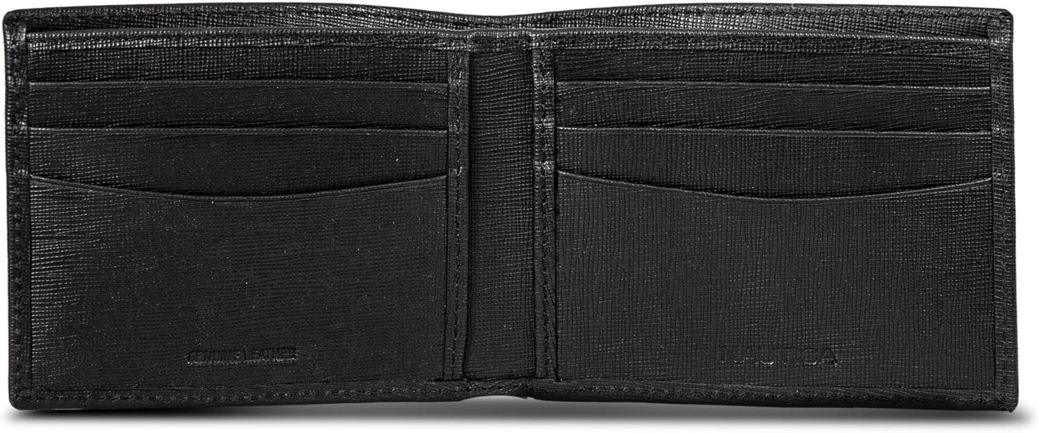 image:imageNautica Mens Bifold Leather Wallet RFID Blocking ID Window Card Slots Organization Durable StylishSaffiano Black