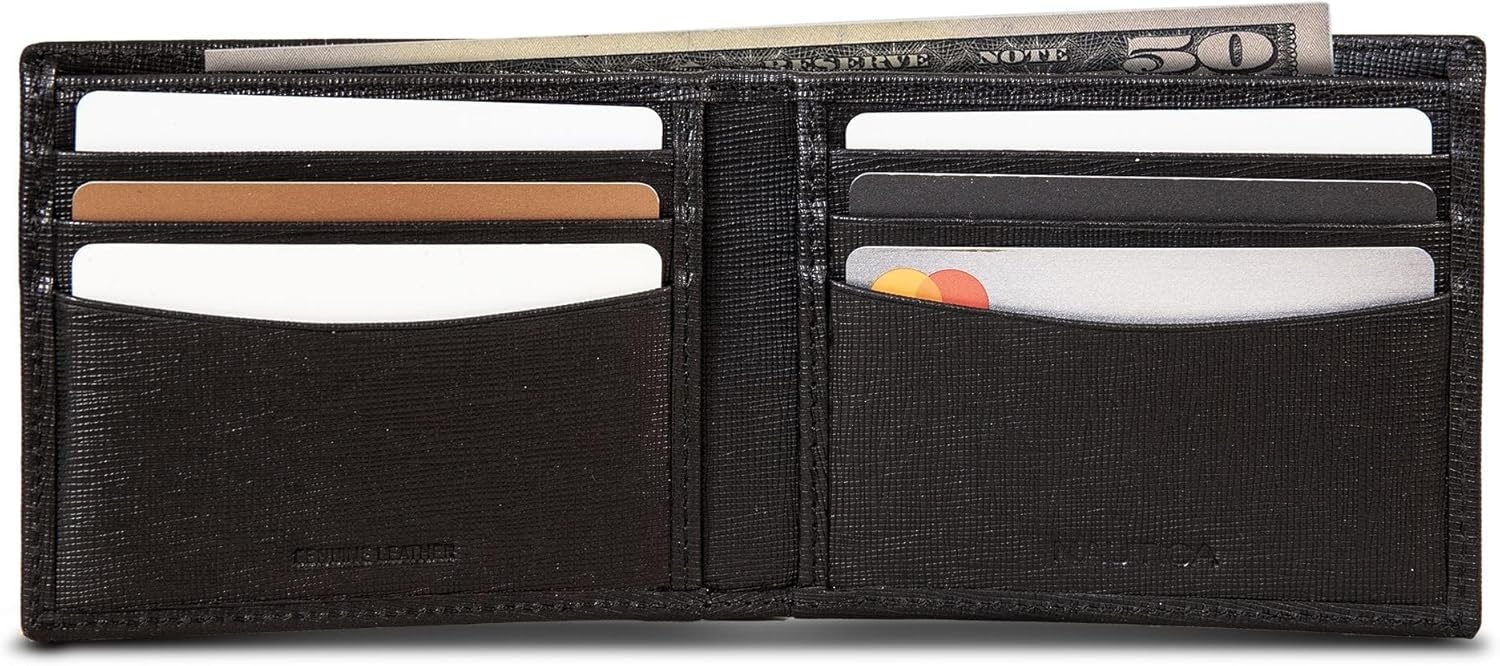 image:imageNautica Mens Bifold Leather Wallet RFID Blocking ID Window Card Slots Organization Durable StylishSaffiano Black