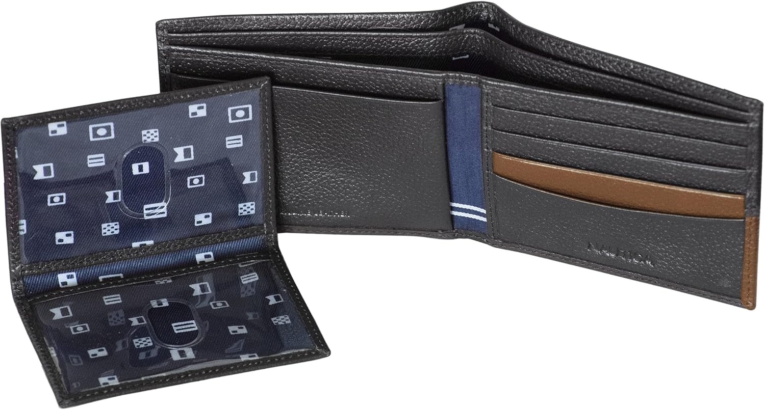 image:imageNautica Mens Bifold Leather Wallet RFID Blocking ID Window Card Slots Organization Durable StylishTwo Tone BlackCognac