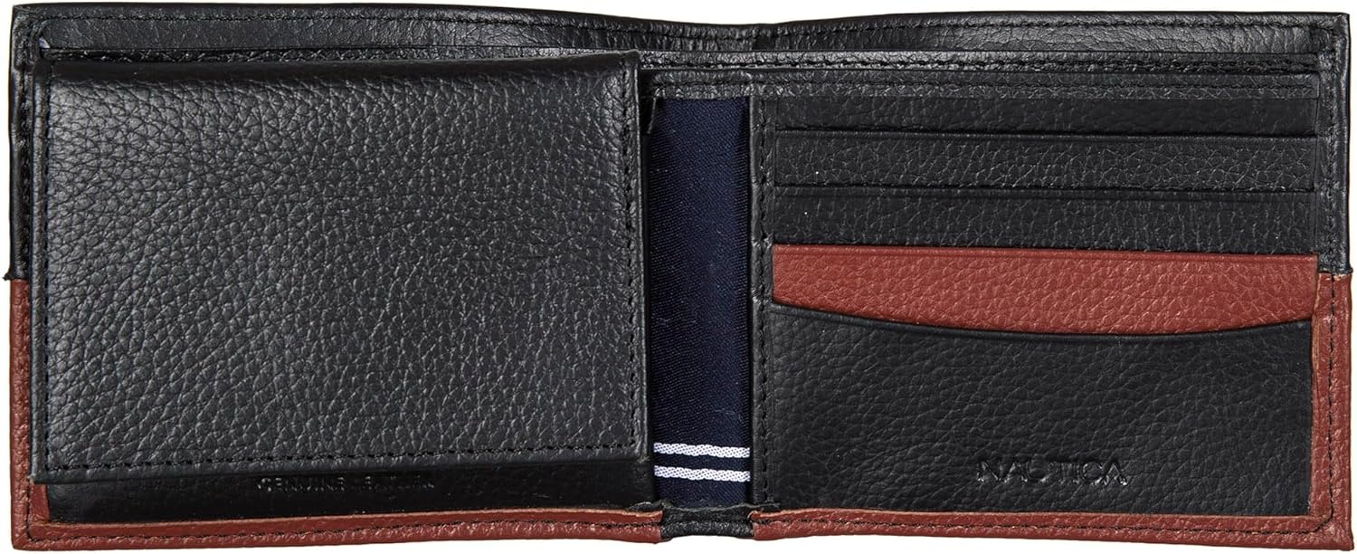 image:imageNautica Mens Bifold Leather Wallet RFID Blocking ID Window Card Slots Organization Durable StylishTwo Tone BlackCognac