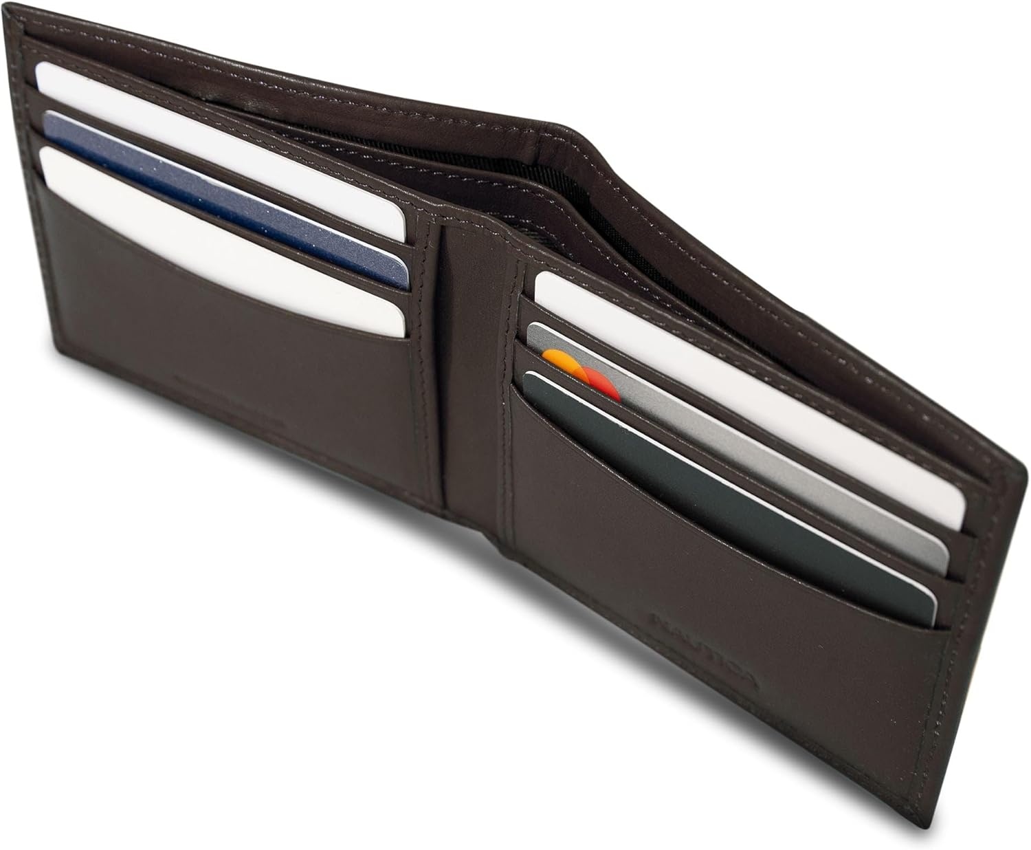 image:imageNautica Mens Bifold Leather Wallet RFID Blocking ID Window Card Slots Organization Durable Stylishmbroidered Sail Brown