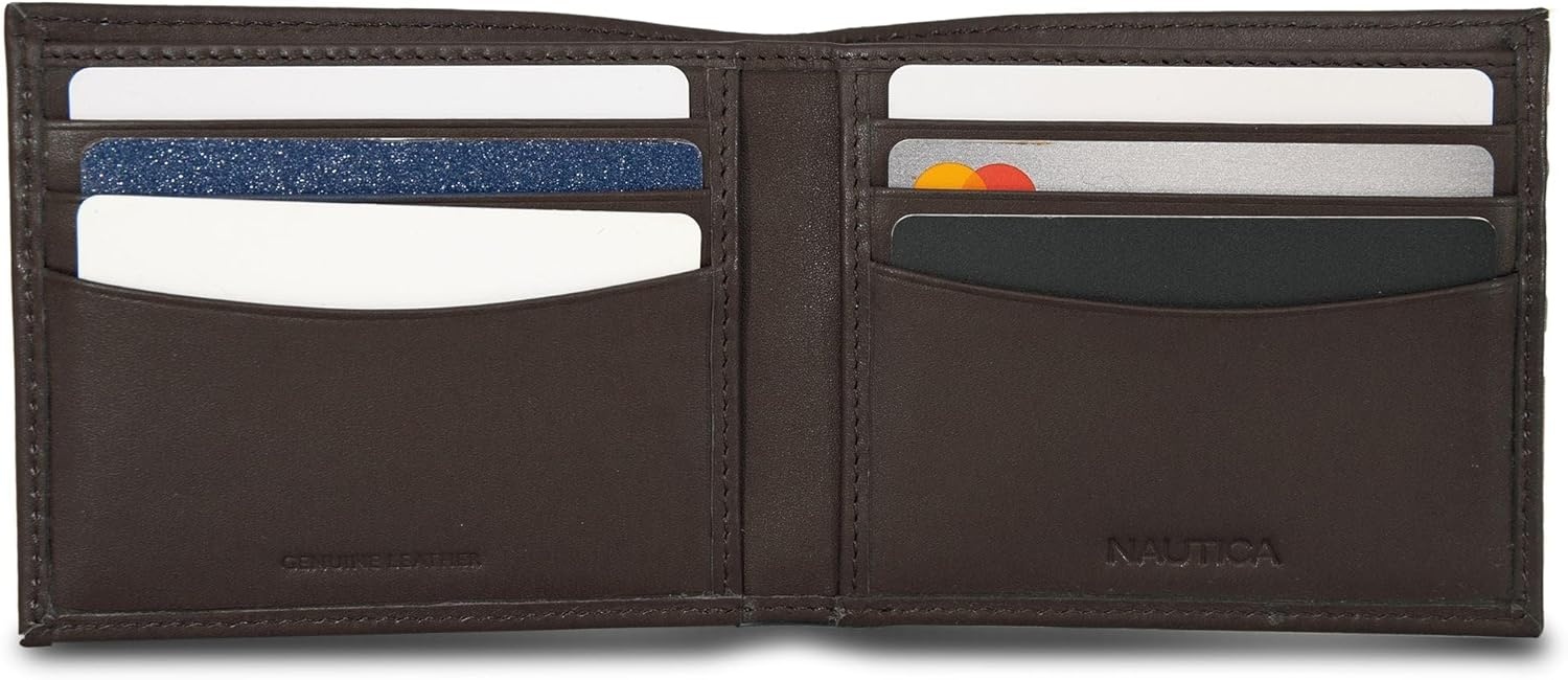 image:imageNautica Mens Bifold Leather Wallet RFID Blocking ID Window Card Slots Organization Durable Stylishmbroidered Sail Brown