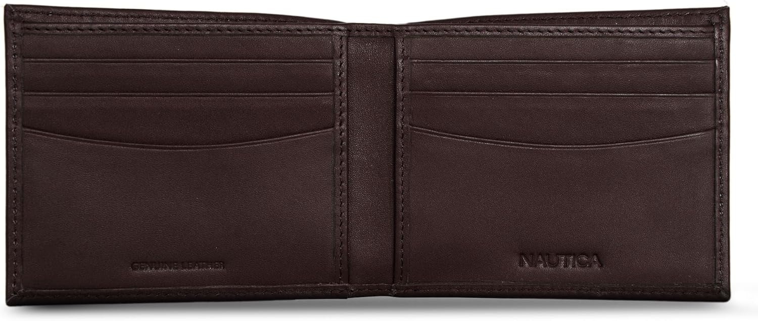 image:imageNautica Mens Bifold Leather Wallet RFID Blocking ID Window Card Slots Organization Durable Stylishmbroidered Sail Brown